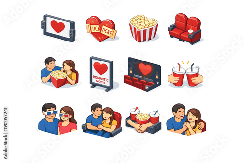 Romantic movie night icons set