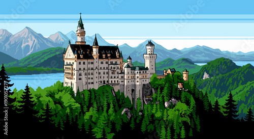 Enchanting castle in scenic mountain landscape with retro pixel art style