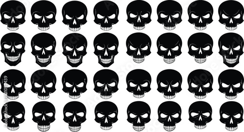 Black and White Vector Silhouette Illustration Set of Thirty Two Scary Skulls for Halloween Horror Party Decorations Gothic Tattoos and Dark Fantasy Gaming Branding