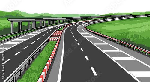 Isometric highway scene with modern roadway and green landscapes