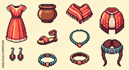 Pixel art fashion ensemble: retro dress, accessories, and jewelry collection