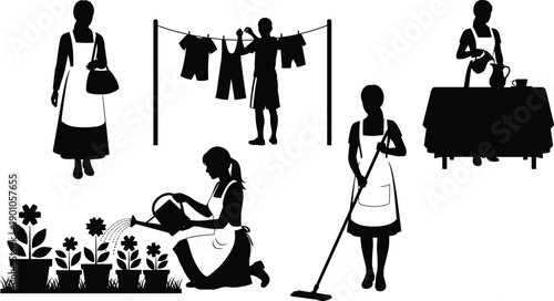Black and White Vector Silhouette Set of People Doing Domestic Chores Including Gardening Laundry Cleaning Serving Food and Shopping for Household Lifestyle Branding Projects