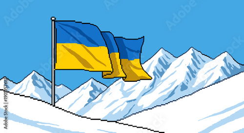Pixel art ukrainian flag waving over snowy mountains