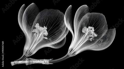 X ray view of two flowers revealing intricate details against black background