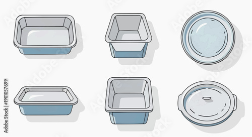 Collection of aluminum foil containers and lids depicted in a 2x3 grid arrangement, showcasing various angles and views.