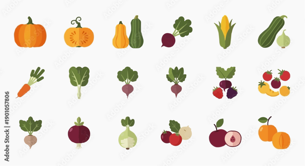 Fototapeta premium Assorted vegetables and fruits illustration showcasing various types arranged neatly in a grid pattern