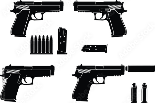 Black handgun silhouettes with magazines, bullets and suppressor, modern firearm weapon set isolated on white background, tactical security and law enforcement concept