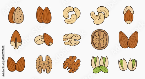 Assorted nuts and seeds, including almonds, cashews, and walnuts, displayed in a grid pattern on a plain background, viewed from directly above, as illustrated in img_ublokn_fx.svg