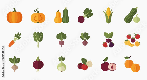Assorted vegetables and fruits illustration showcasing various types arranged neatly in a grid pattern