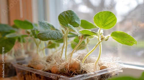 Young bean plants growing indoors in a transparent container