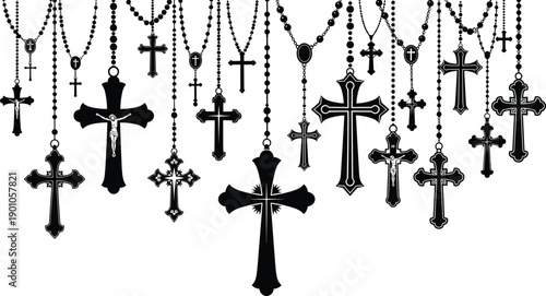 Black Silhouette Vector Illustration of Various Hanging Christian Crosses and Rosary Beads on Chains for Religious Spiritual Worship and Catholic Faith Themed Design Projects