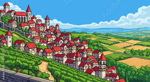 Charming countryside village with red roofs in pixel art style