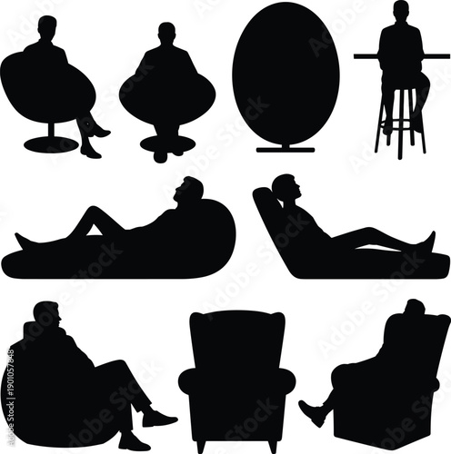Black silhouette collection of people sitting on modern chairs and armchairs, showing different relaxed poses, furniture concepts, minimal design, and lifestyle seating illustrations