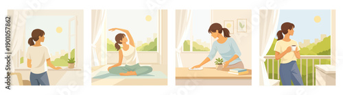 Spring Lifestyle Scene Set with Young Woman at Home