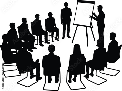 Black silhouette illustration of corporate business training session with professional team meeting, presentation workshop, leadership coaching, seminar discussion, teamwork concept, and office 