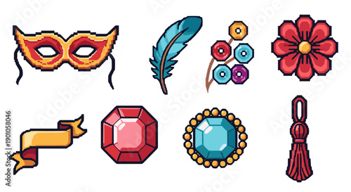 Retro 8-bit style icons: carnival mask, jewels, and accessories in vibrant pixel art