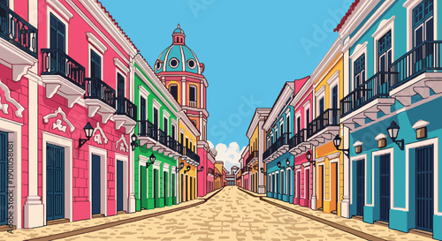 Colorful colonial street with vibrant architecture and clear blue sky