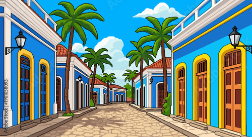Charming pixel art street scene with palm trees and vibrant buildings