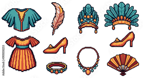 Pixel art fashion: retro dress, shoes, accessories with tribal headdresses in vibrant colors