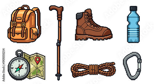 Pixel art hiking gear set featuring backpack, boot, water bottle, and more icons