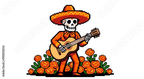 Pixel art skeleton mariachi with guitar and marigolds