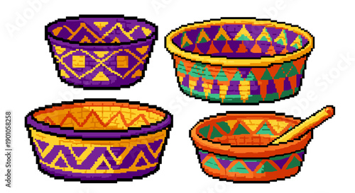 Colorful pixel art bowls with geometric patterns