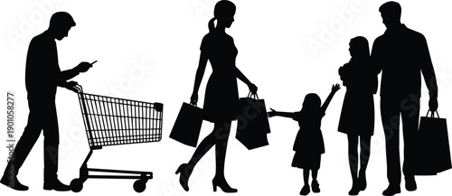 Black silhouette of family shopping together with parents and children carrying bags, modern retail lifestyle concept, consumer behavior, supermarket and mall illustration