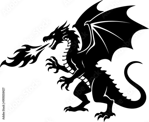 A fierce dragon illustration with fire, wings, and claws in a dynamic pose, showcasing its mythical creature, 34.eps, in a simple, graphic style.
