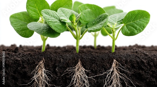 Young plants growing in soil showing roots for agricultural and science
