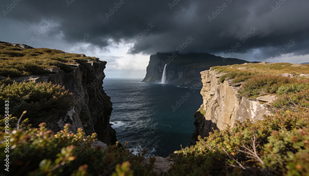 Fototapeta premium Beautiful perspective view between foreground elements opening up to a majestic water scenery