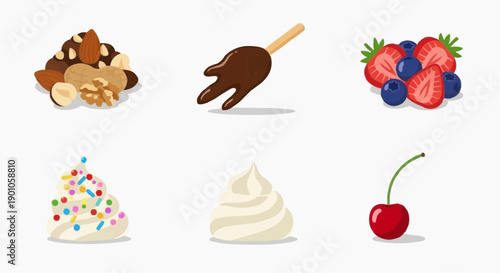 Assorted desserts and toppings arranged in two rows on a clean white background from a straightforward viewpoint