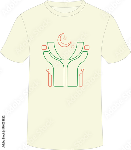 A simple modern tshirt designs featuring simple artwork of the towers and the crescent moon. Minimal t-shirt design template. T-shirt. Round neck tshirt. Round neck. Round neck t shirt design.