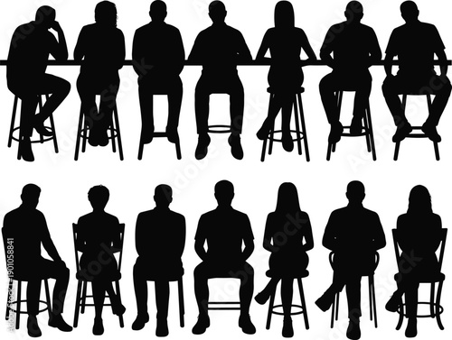 Black silhouettes of seated people on stools and chairs in studio setting, representing audience, panel discussion, teamwork, diversity, meeting, and modern social interaction concepts