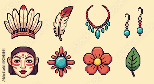 Pixel art native american icons with jewelry and nature elements