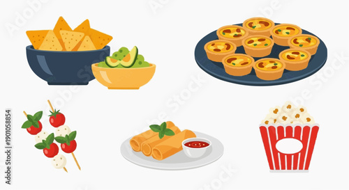 Assorted snack foods including chips, donuts, strawberries, samosas, and popcorn displayed on various plates and sticks from a straightforward viewpoint.
