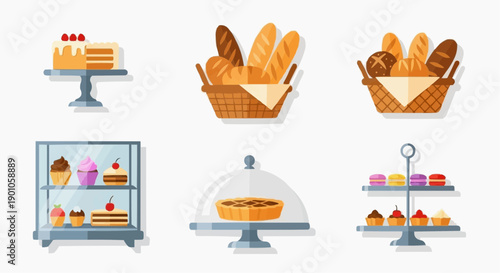 Assorted baked goods and pastries displayed on shelves and stands in a bakery