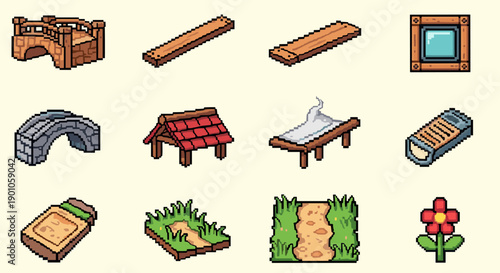 Pixel art set of 12 rustic construction and nature elements
