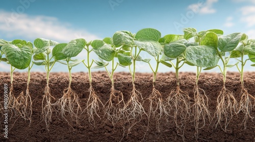 Young plants growing in soil with visible roots against a blue sky