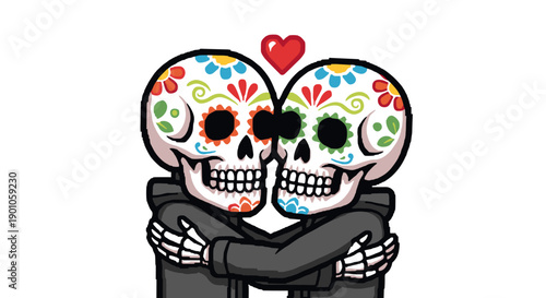Whimsical pixel art embrace: colorful skull couple with heart