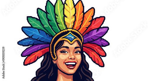 Vibrant carnival headpiece with colorful feathers and smiling face in pixel art style
