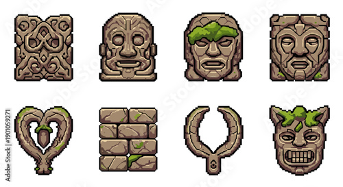 Pixel art ancient stone masks and artifacts with moss details