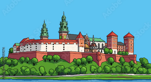 Colorful flat style wawel castle on hill with blue sky background