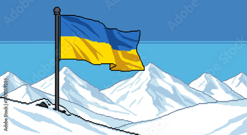 Pixel art ukrainian flag waving against snowy mountain background