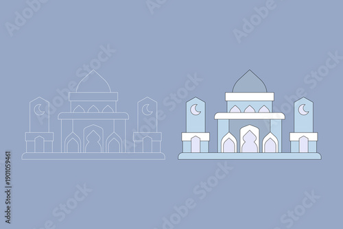 Mosque illustration with two different styles. Classic aesthetic mosque with a soft blue color combination. Islamic theme. Ramadan theme. Vector illustration.
