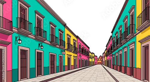 Colorful street with vibrant buildings in flat design