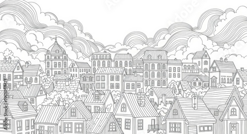Vintage Cityscape Drawing: Old Buildings and Hills in Black and White
