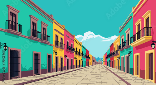 Colorful mexican street in pixel art with bright buildings and clear sky