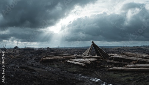 Stark, desolated landscape with debris and a rough shelter under dramatic skies