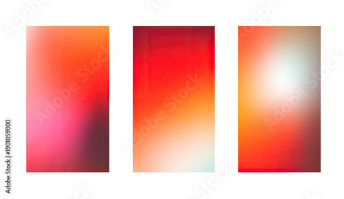 Three vertical rectangular panels showcasing vibrant, blurred color gradients in red, orange, & pink hues
