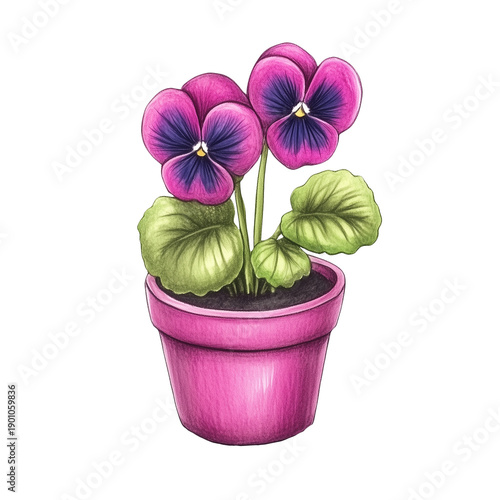 Potted violet pansy flowers. Botanical clipart illustration..